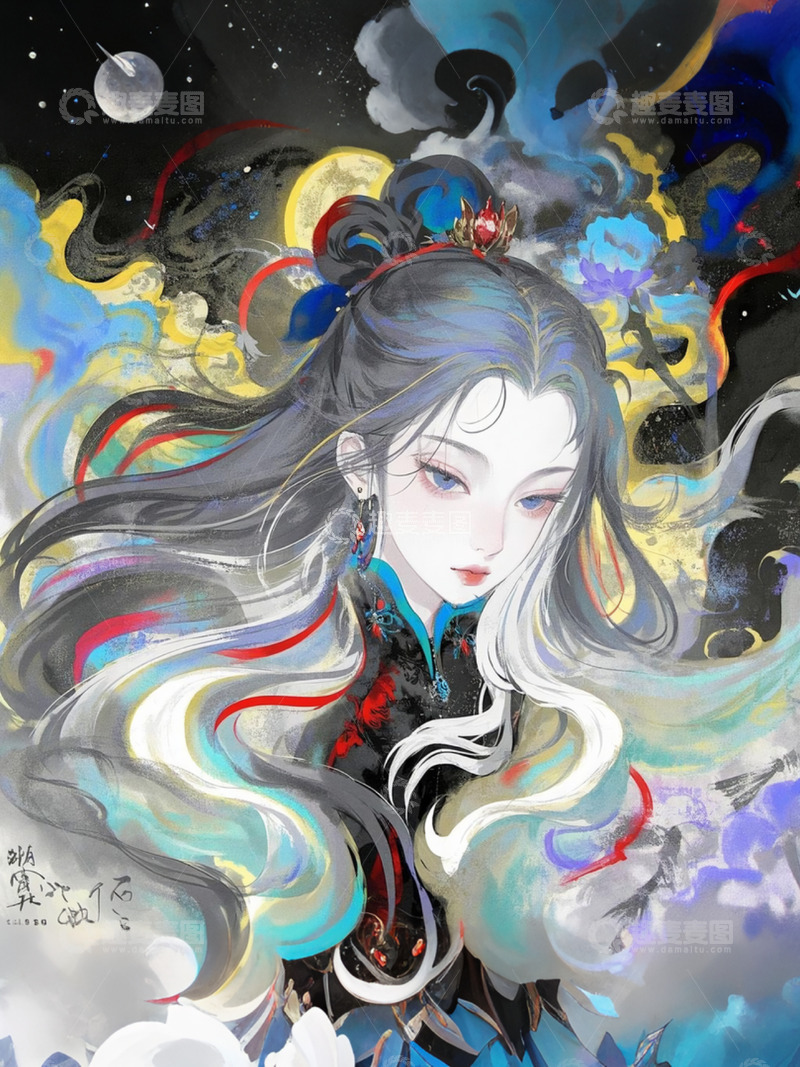 高清大图下载【趣麦麦图】水彩水墨丹青少女