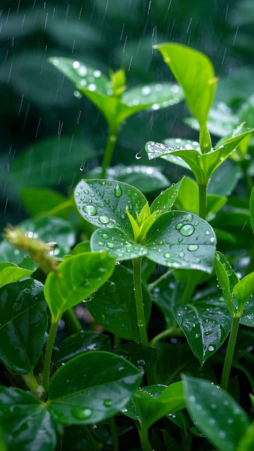 叶子植物特写雨滴大雨嫩叶