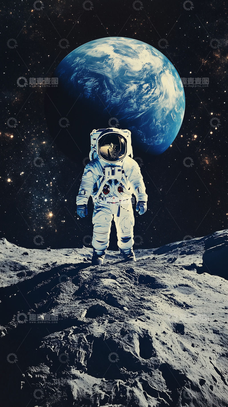 高清大图下载【趣麦麦图】月球上的宇航员与地球摄影图