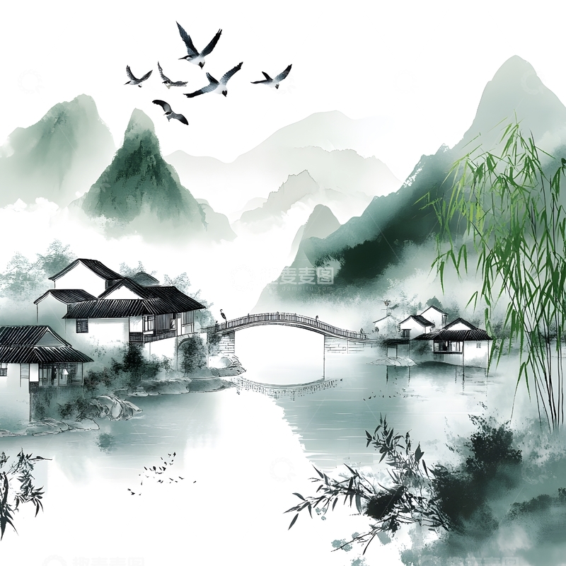 高清大图下载【趣麦麦图】水墨风山水背景图