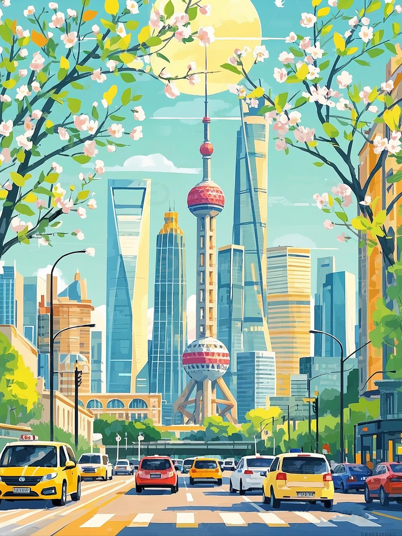 春日上海东方明珠广播电视塔插画1