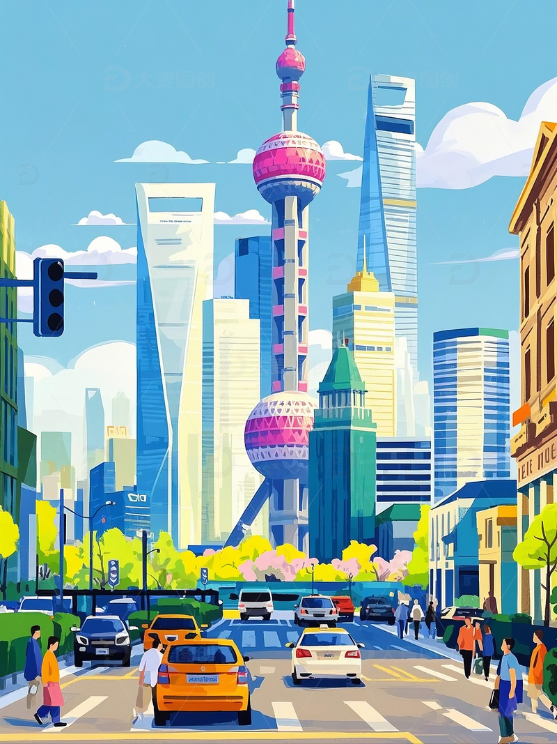 春日上海东方明珠广播电视塔插画
