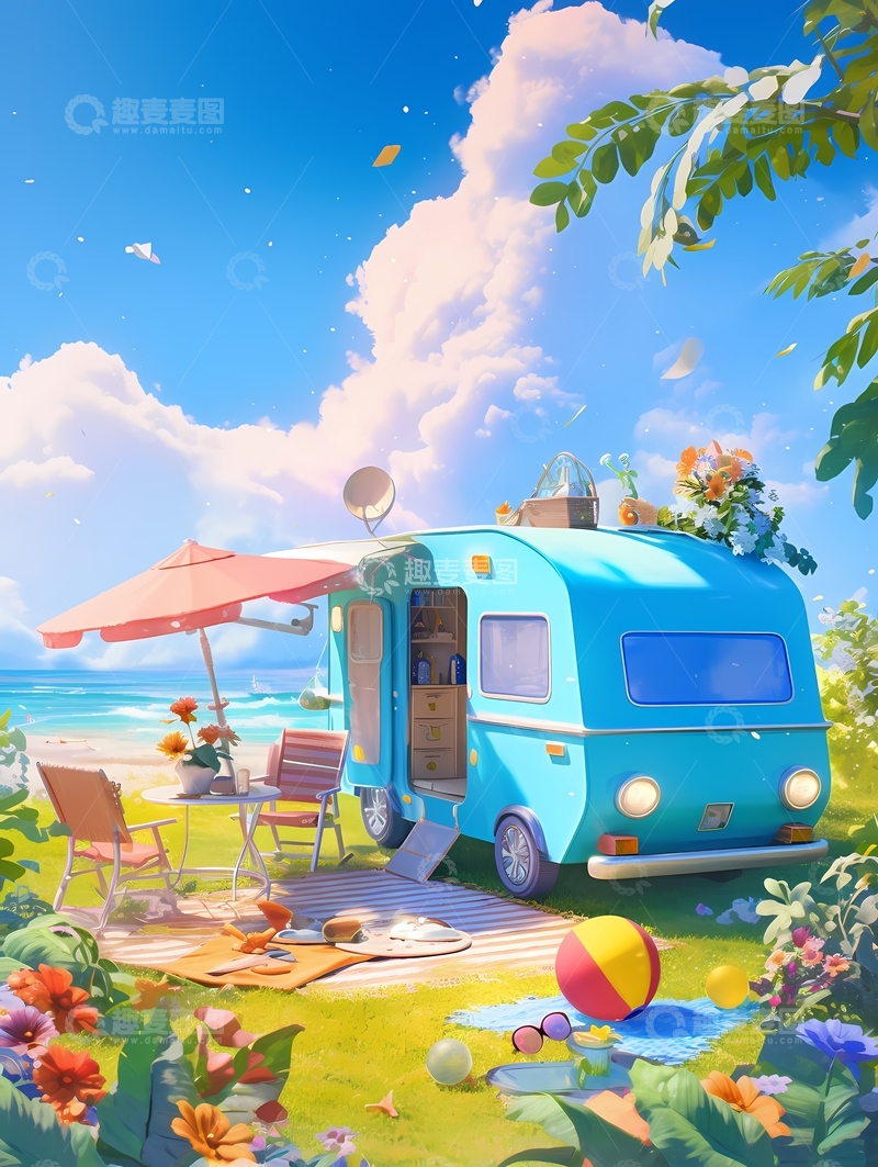 高清大图下载【趣麦麦图】春天房车露营皮克斯风格1