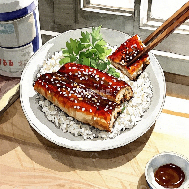 高清大图下载【趣麦麦图】漫画风鳗鱼饭