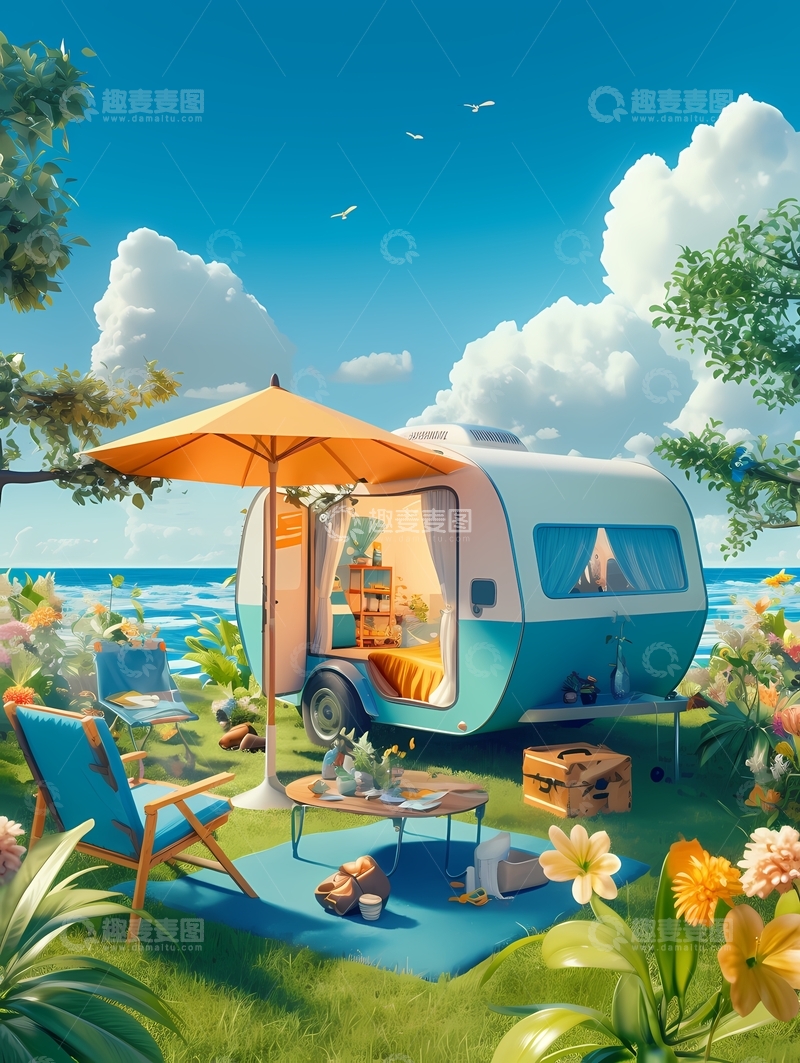 高清大图下载【趣麦麦图】春天海边房车露营卡通图片1