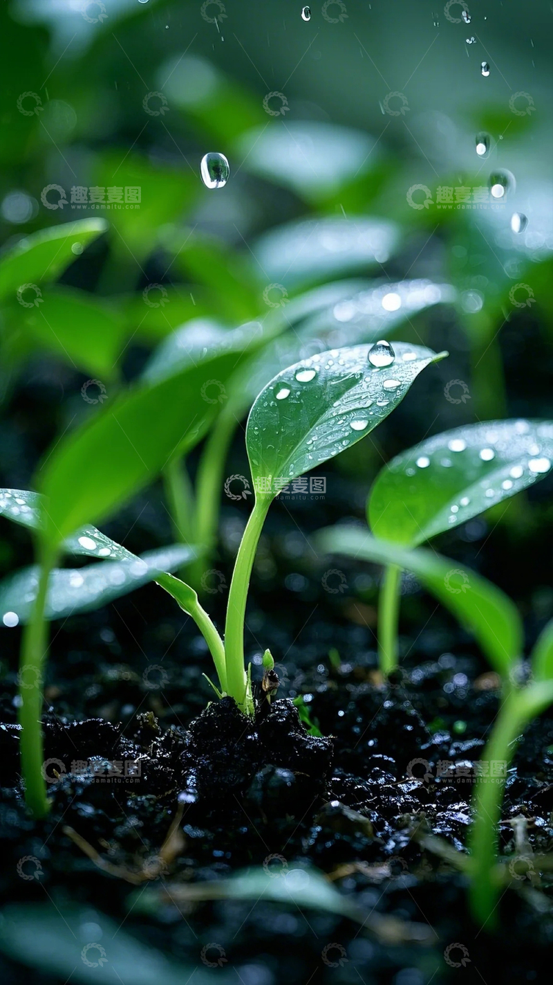 高清大图下载【趣麦麦图】新芽植物特写雨滴大雨破土而出