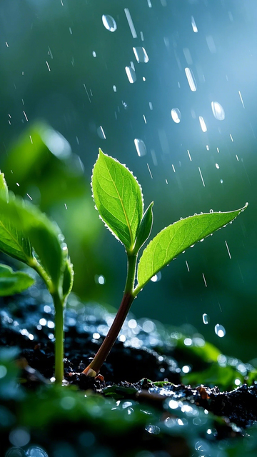 新芽植物特写雨滴大雨破土而出3