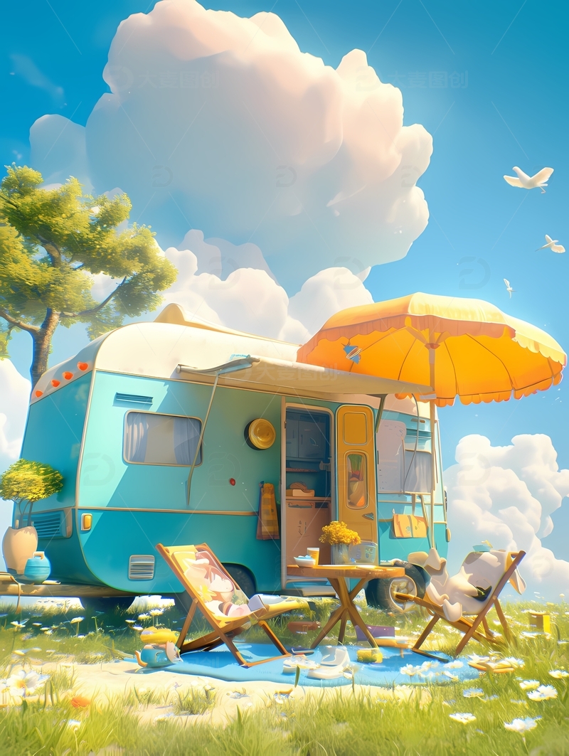 春天房车露营皮克斯风图片