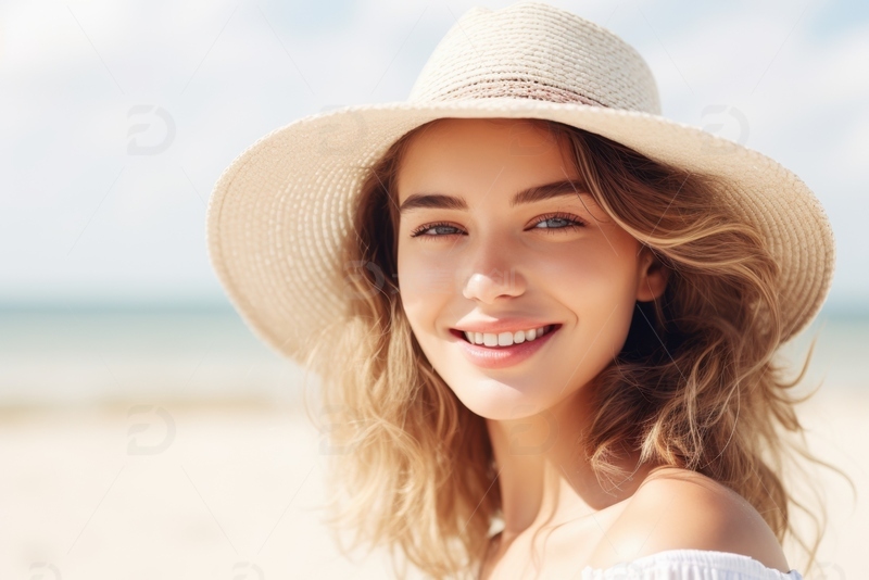 高清大图下载【趣麦麦图】带着草帽的沙滩美女