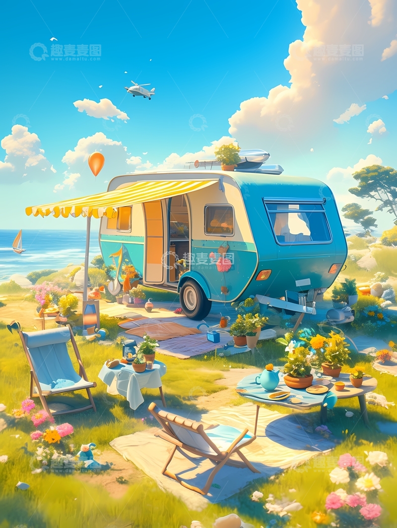 高清大图下载【趣麦麦图】春天海边房车露营卡通图片