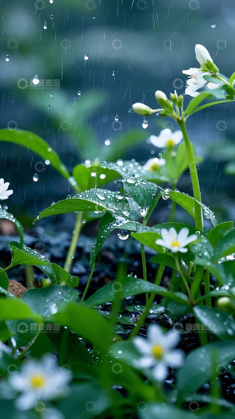 高清大图下载【趣麦麦图】桃花枝植物特写雨滴大雨花朵