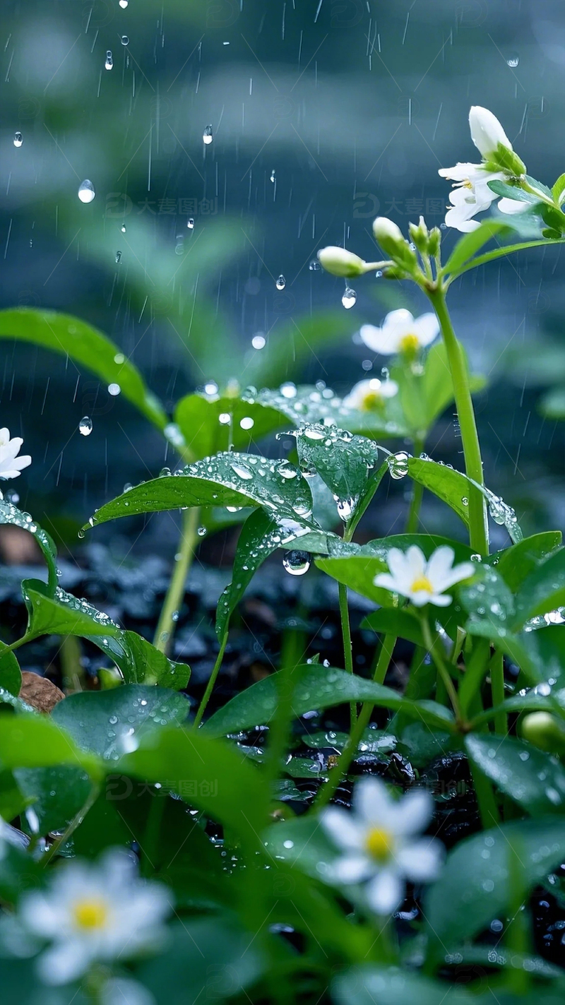 桃花枝植物特写雨滴大雨花朵