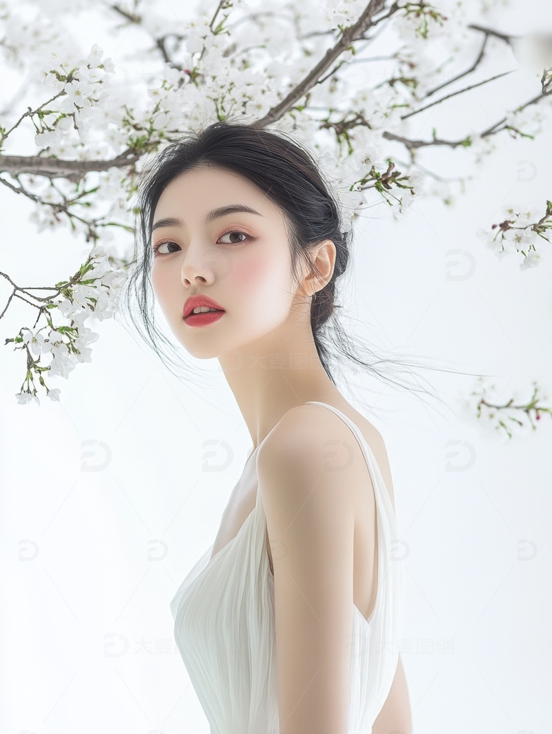 高清大图下载【趣麦麦图】梨树下的少女