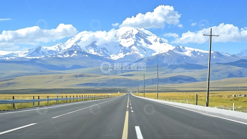 高清大图下载【趣麦麦图】蓝天白云下的笔直公路1