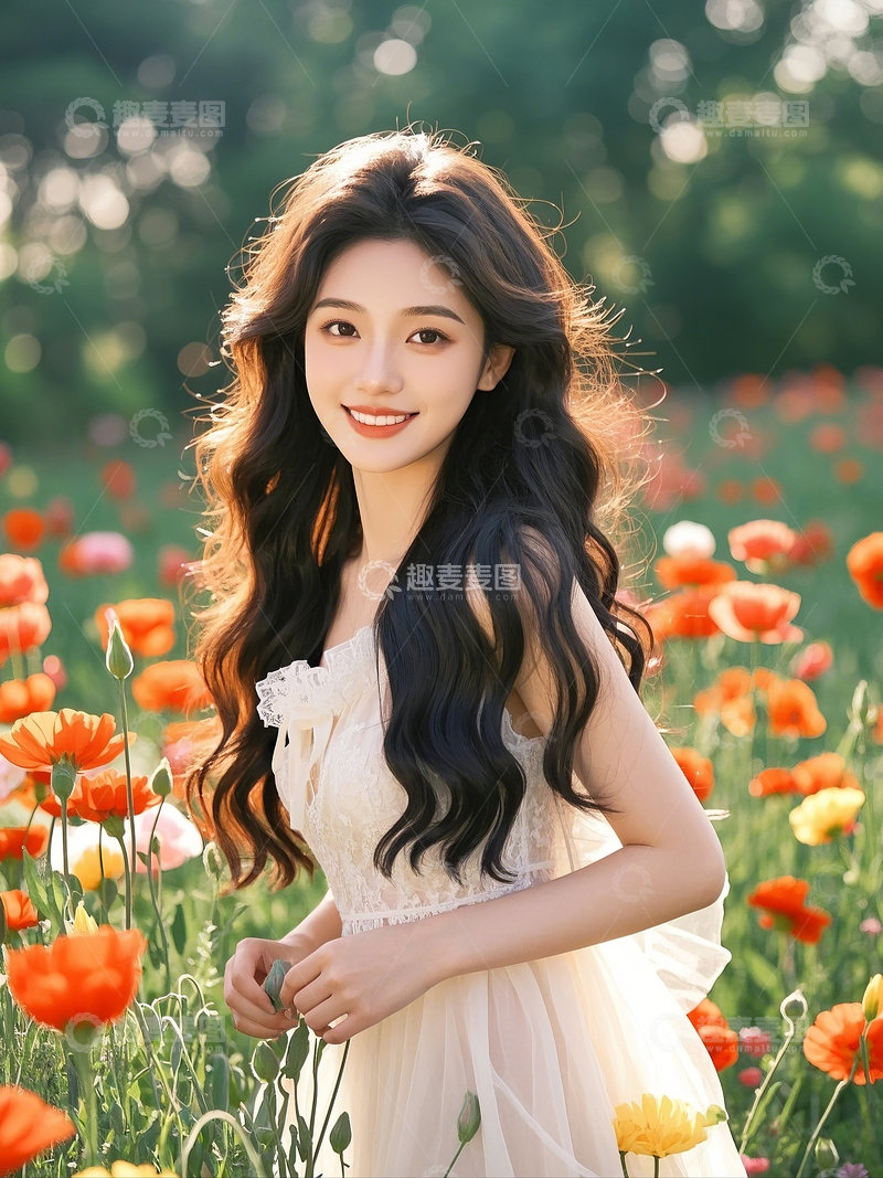 高清大图下载【趣麦麦图】春天虞美人女生花海图1