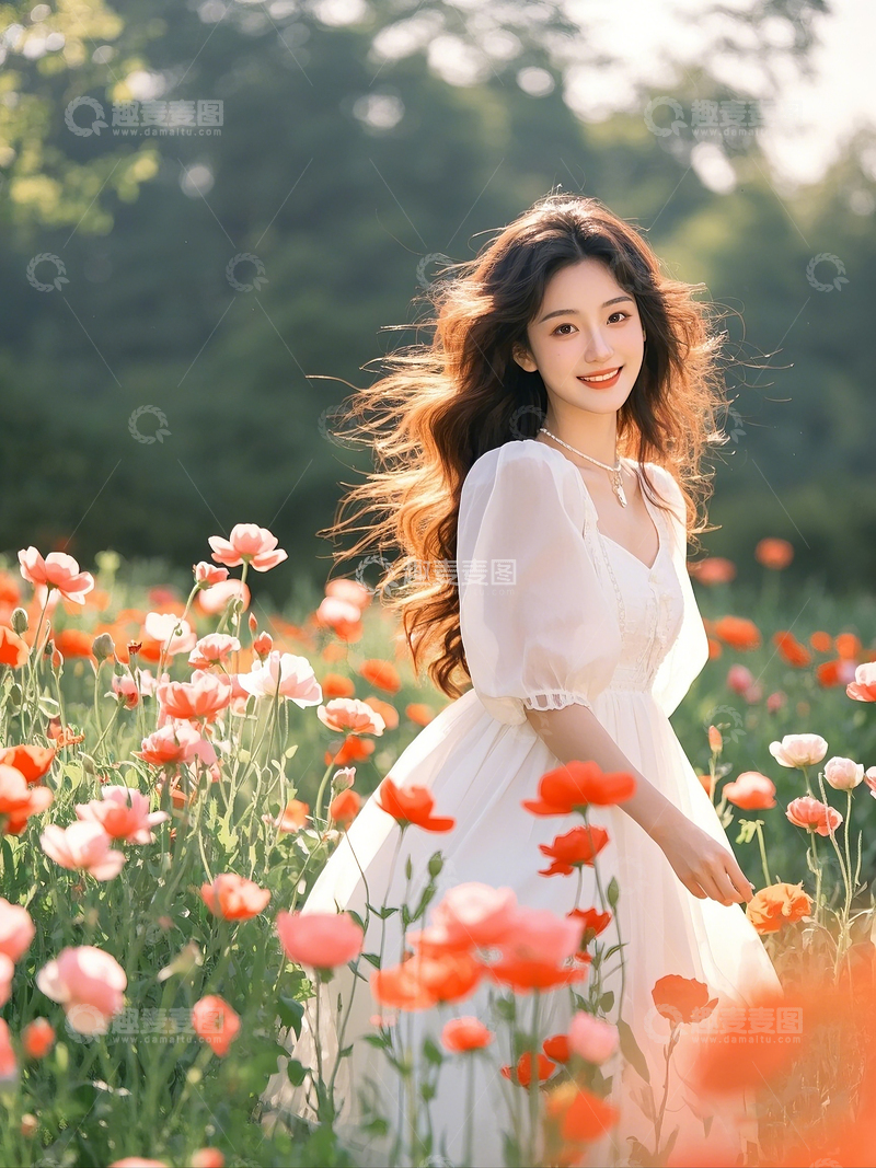 高清大图下载【趣麦麦图】春天虞美人花海女生大笑图1