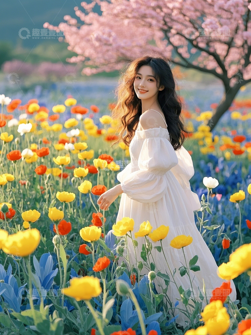 高清大图下载【趣麦麦图】春天虞美人花海女生大笑图