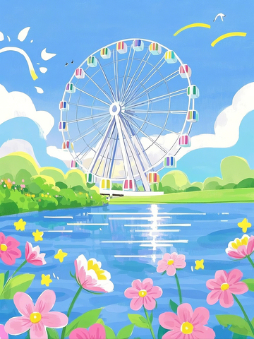 春天摩天轮卡通插画