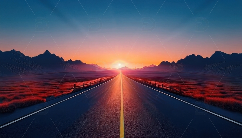 高清大图下载【趣麦麦图】公路尽头的壮丽日落