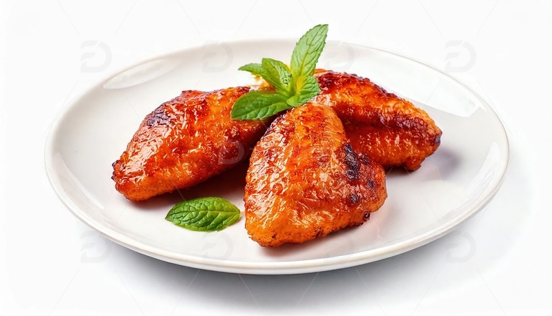 高清大图下载【趣麦麦图】白盘烤鸡翅配薄荷叶点缀