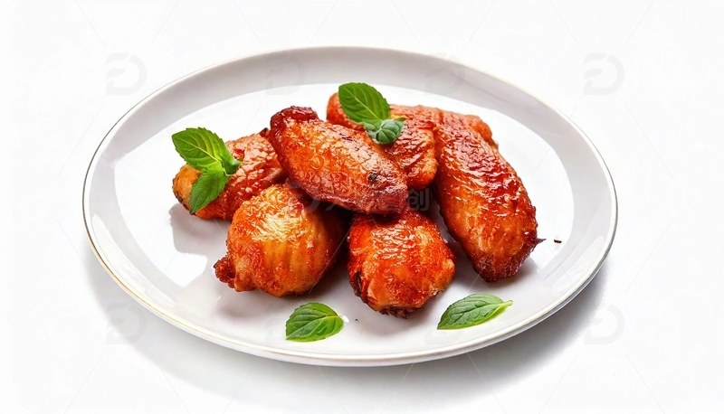 高清大图下载【趣麦麦图】白盘烤鸡翅配薄荷叶装饰