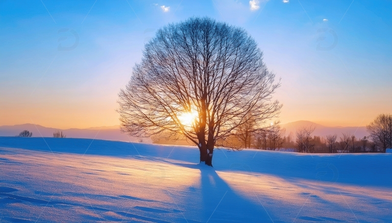 高清大图下载【趣麦麦图】雪野中夕阳下的孤树