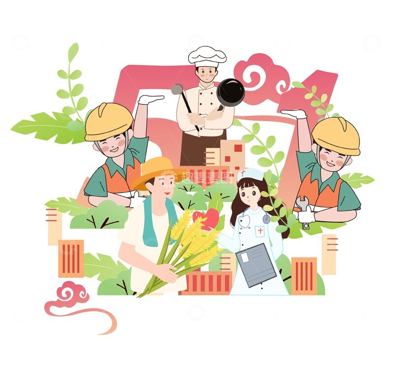 劳动节卡通人物,护士,工人,厨师