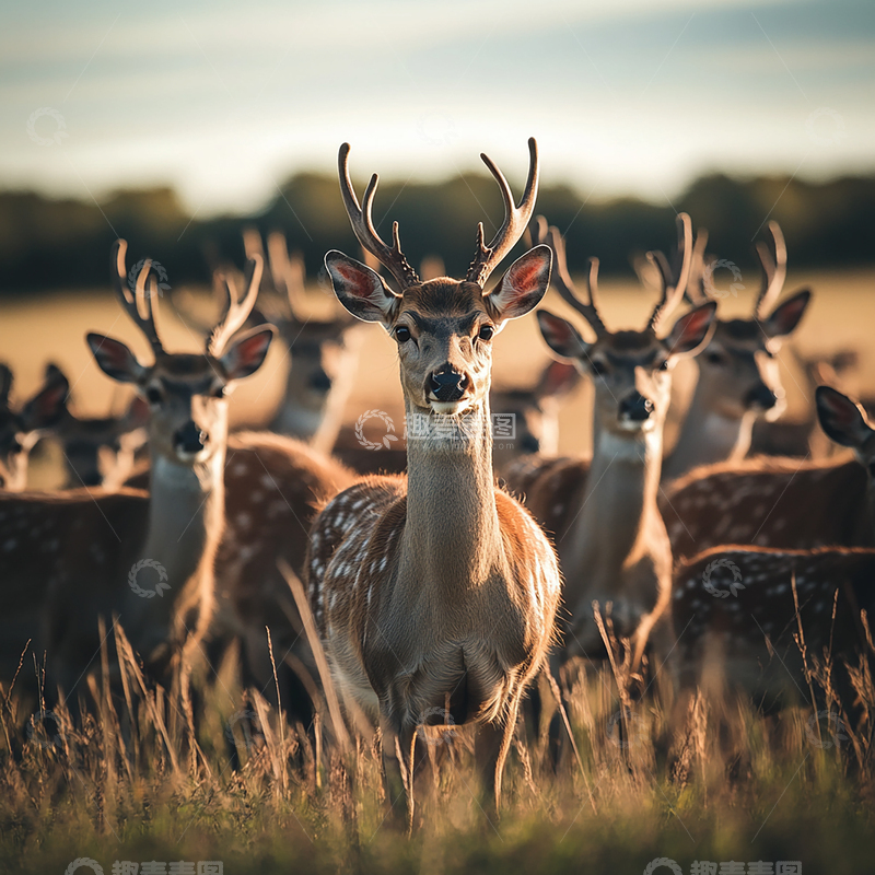 高清大图下载【趣麦麦图】夕阳照下的原野鹿群