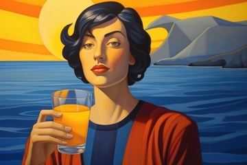 拿着橙汁的女士油画