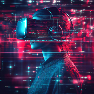 数字艺术科技风格插画——人戴着VR眼镜，进入虚拟现实3