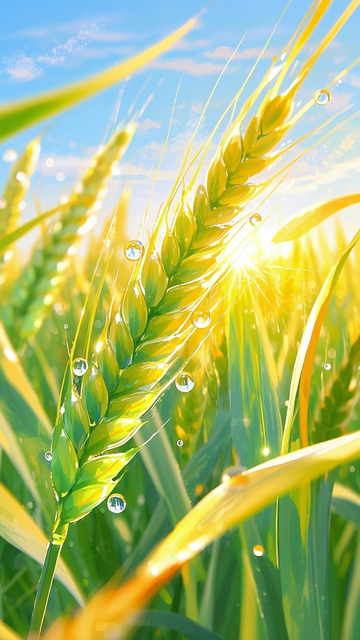 麦穗雨滴黄绿调阳光麦穗田插画