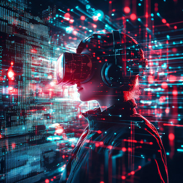 数字艺术科技风格插画——人戴着VR眼镜，进入虚拟现实