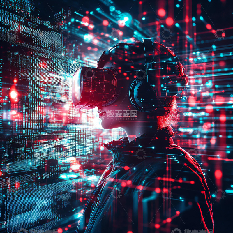高清大图下载【趣麦麦图】数字艺术科技风格插画&mdash;&mdash;人戴着VR眼镜，进入虚拟现实