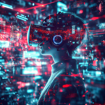 数字艺术科技风格插画——人戴着VR眼镜，进入虚拟现实2