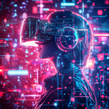 数字艺术科技风格插画——人戴着VR眼镜，进入虚拟现实1