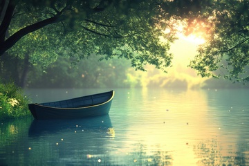 夏季绿色的湖泊船只美景