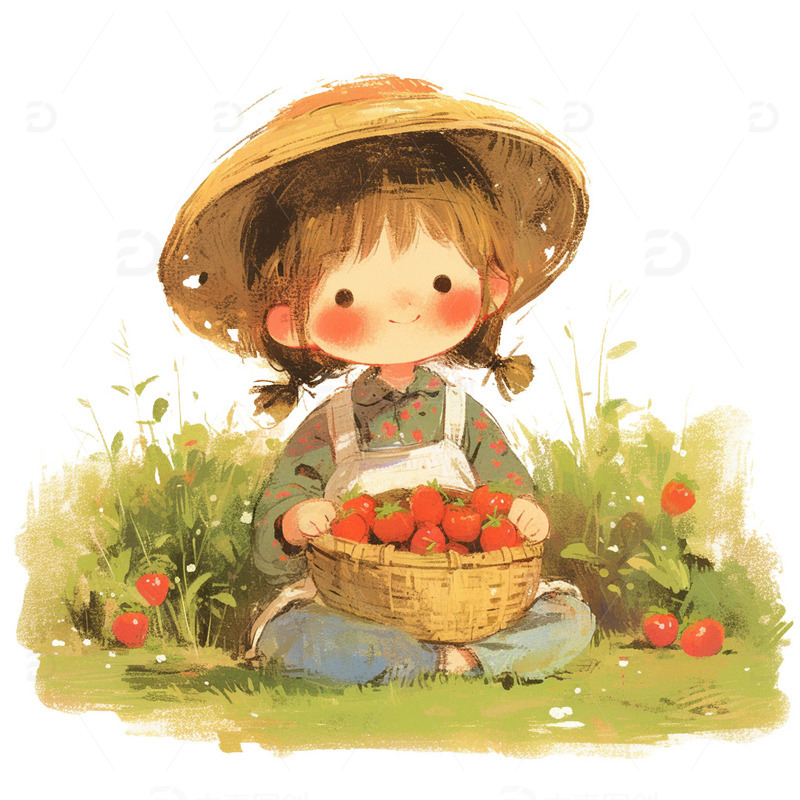春天小女孩摘草莓免抠元素