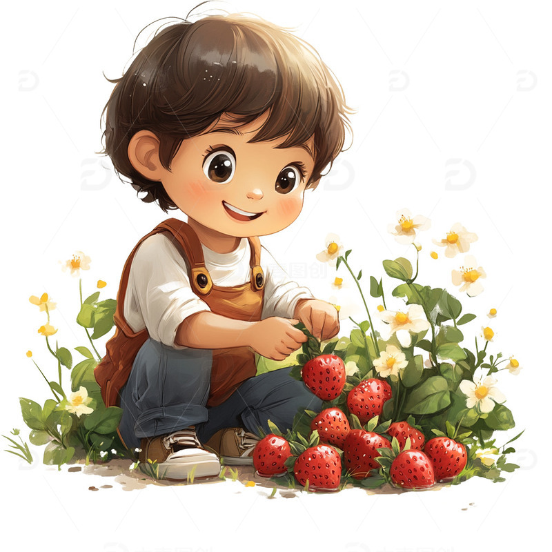高清大图下载【趣麦麦图】春天小孩摘草莓免抠元素