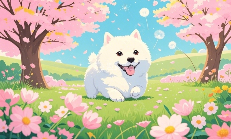 高清大图下载【趣麦麦图】萨摩耶奔跑桃花树下