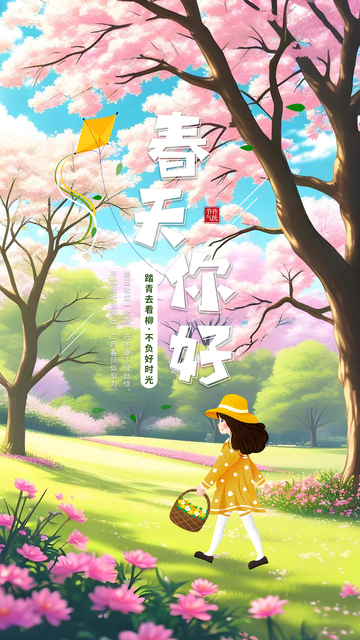 春天你好卡通插画背景海报 4