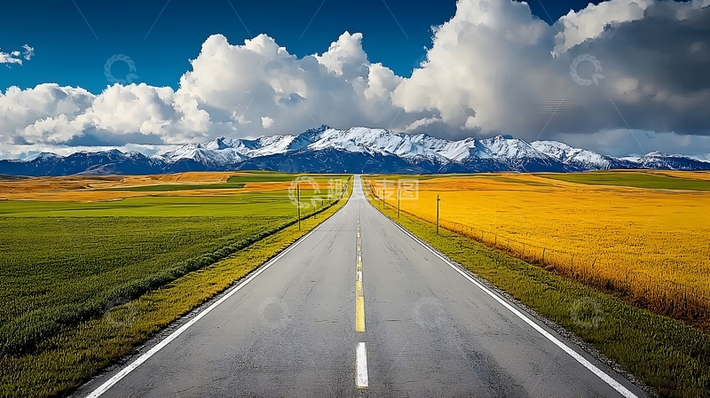 高清大图下载【趣麦麦图】笔直的公路向着远方的雪山