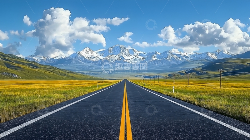 高清大图下载【趣麦麦图】蓝天白云下的笔直公路4