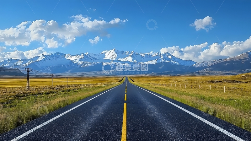高清大图下载【趣麦麦图】蓝天白云下的笔直公路6