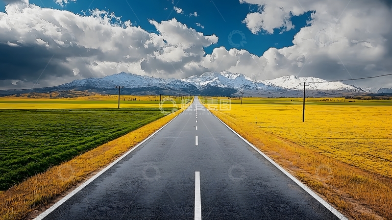 高清大图下载【趣麦麦图】笔直的公路向着远方的雪山2