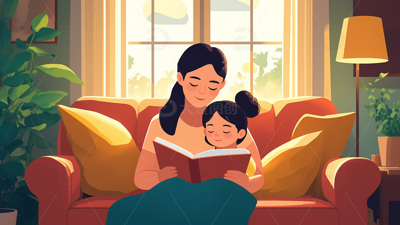 高清大图下载【趣麦麦图】创意卡通手绘在沙发上读书的妈妈和女儿插画