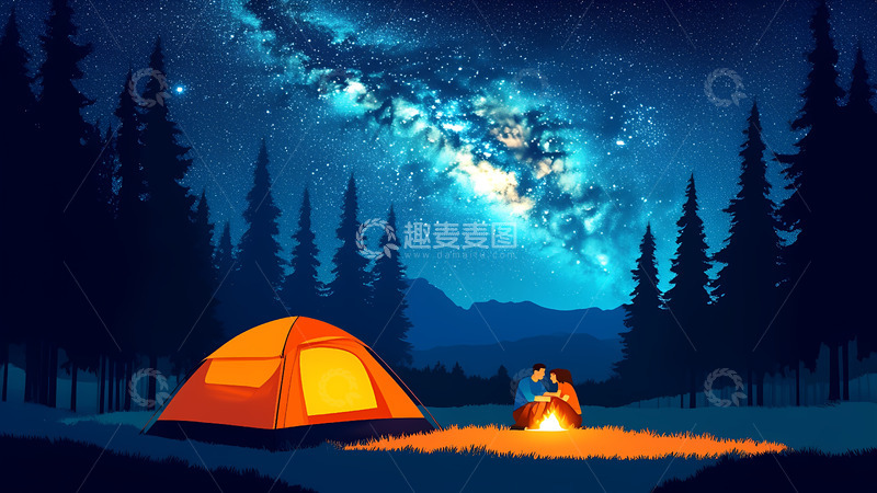 高清大图下载【趣麦麦图】创意卡通手绘夜晚野营的情侣插画1