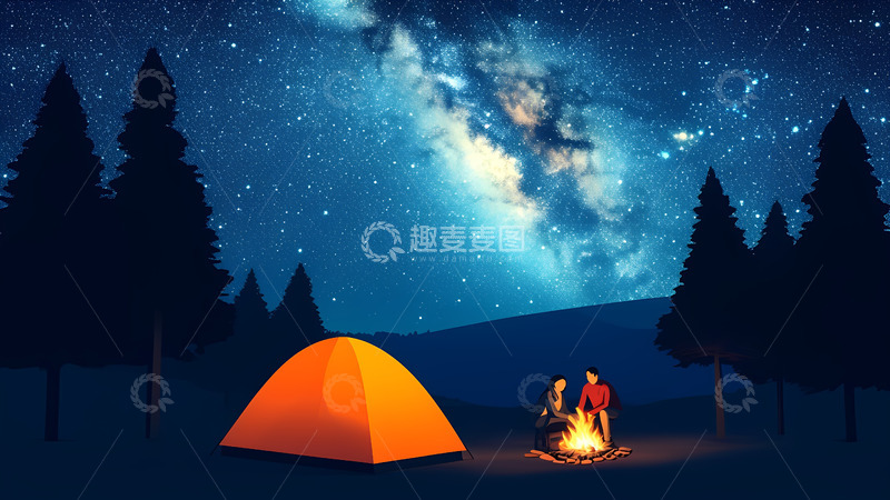 高清大图下载【趣麦麦图】创意卡通手绘夜晚野营的情侣插画