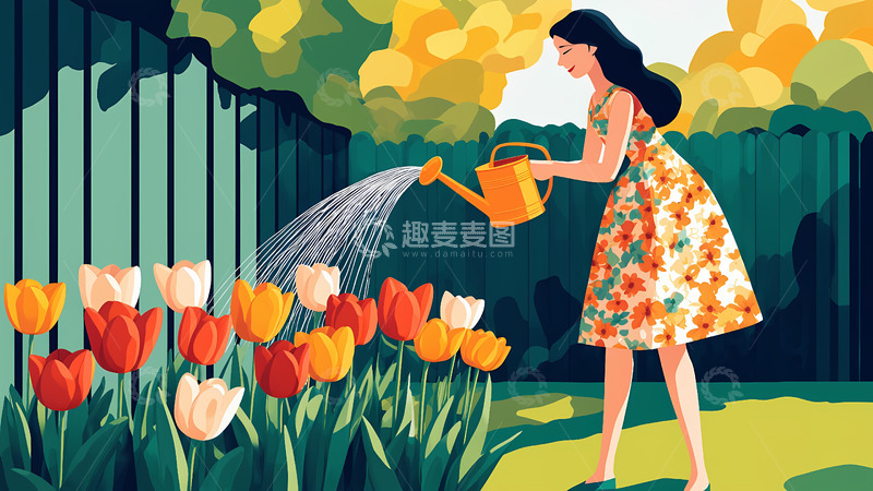高清大图下载【趣麦麦图】创意卡通手绘浇花的女人插画1