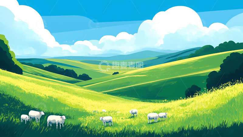 高清大图下载【趣麦麦图】创意卡通手绘草原上的牛羊插画