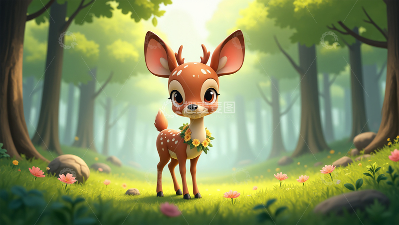 高清大图下载【趣麦麦图】森林萌宝：小鹿的春日花漾时光